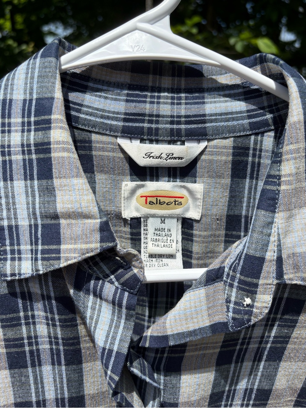 Talbots Navy Blue Beige Gray Plaid Button-Front Shirt Sleeveless Linen-Blend - Picture 2 of 12